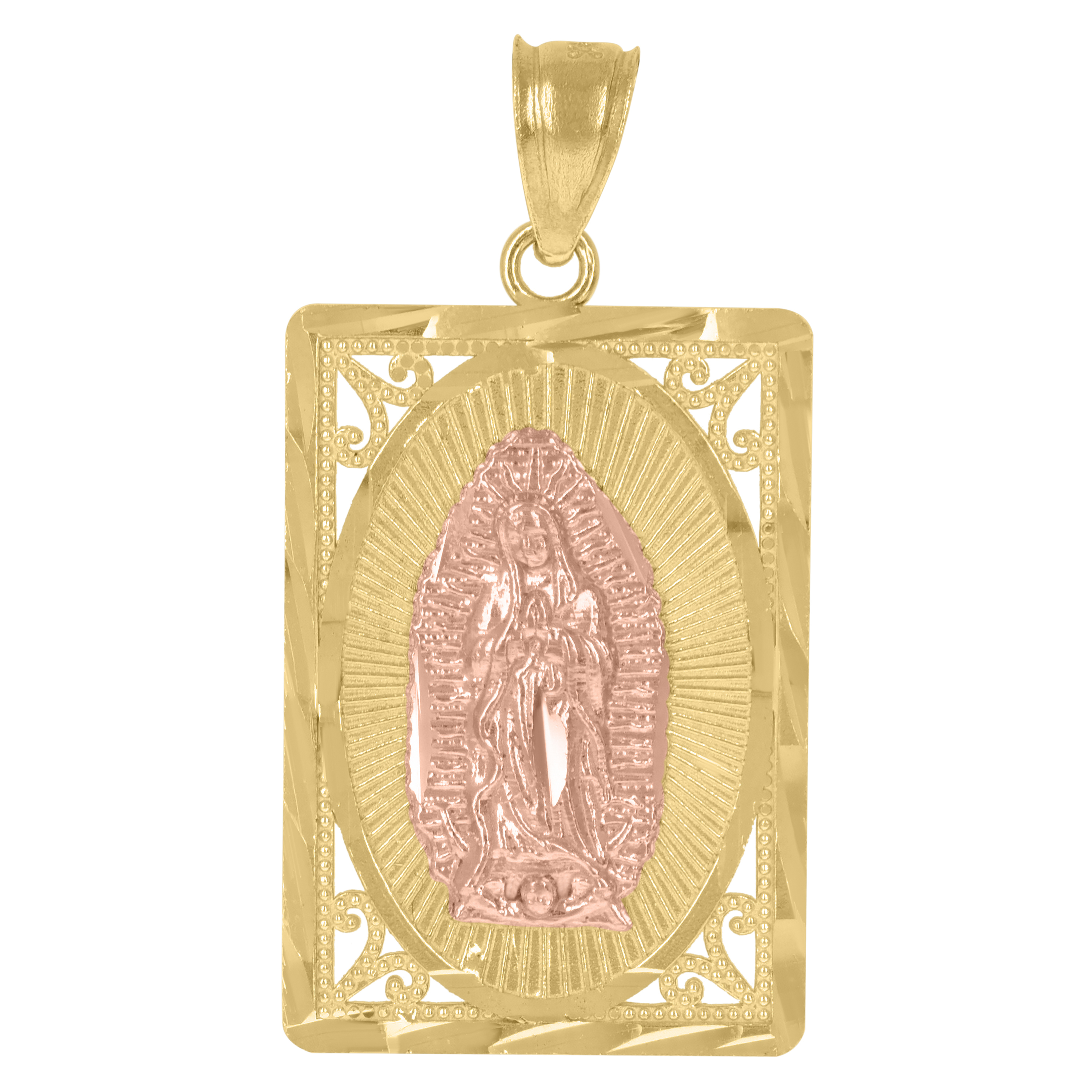10kt 10k Gold Twotone Diamondcut Unisex Guadalupe Mary Rectangular Charm Pendant